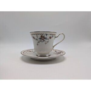 Adagio by Noritake Ivory 7237 Footed Cup Saucer Accented Formal Floral Vintage